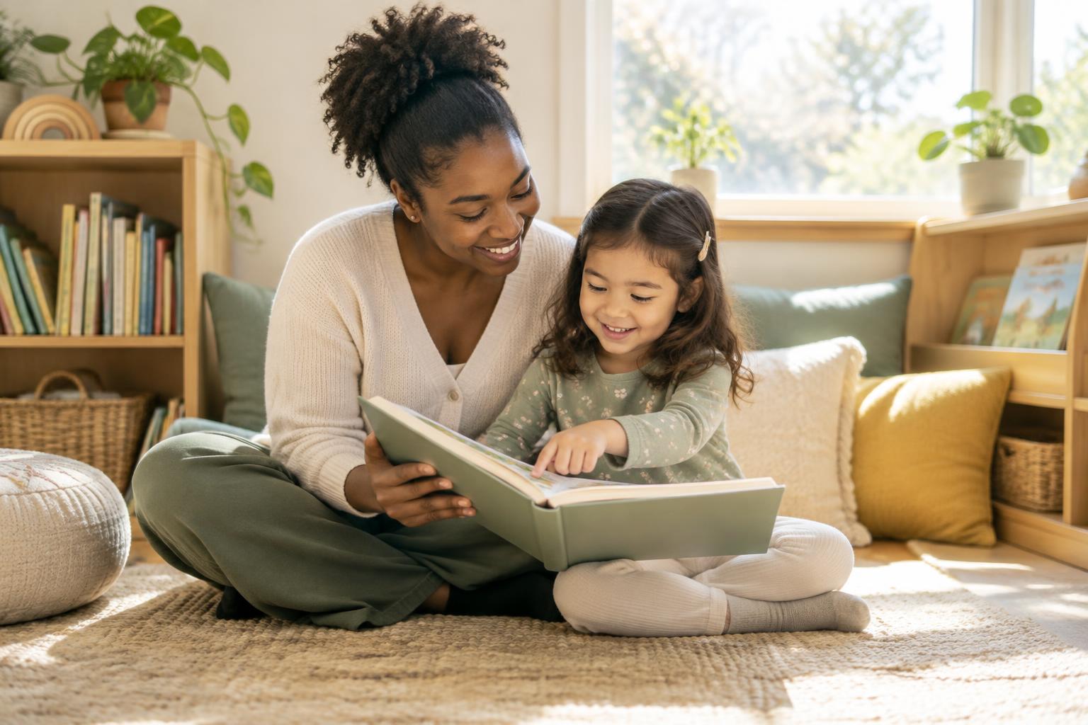 A teacher and a young child reading a picture book together in a sunny reading nook