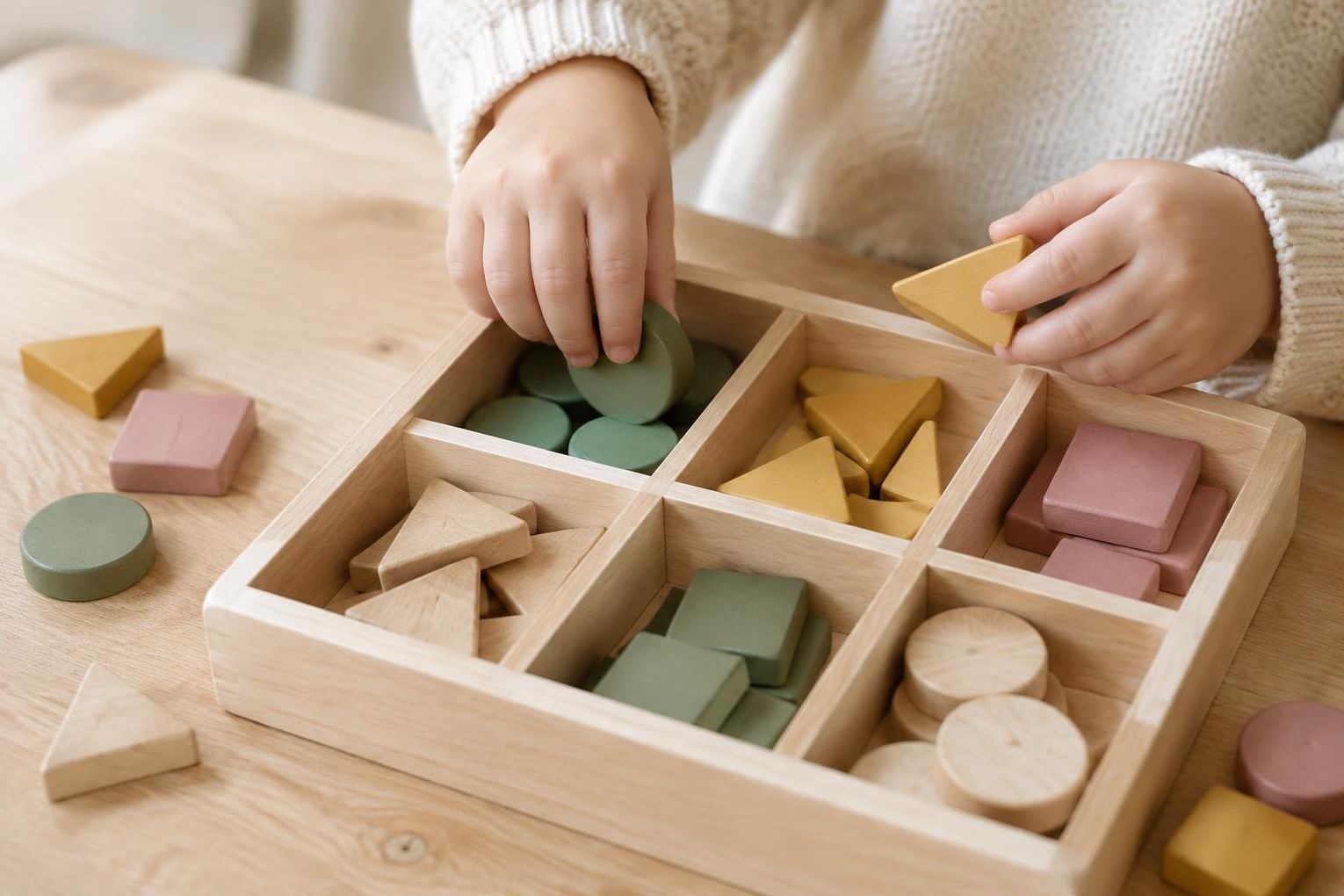 A child's hands sorting colored wooden shapes into a tray